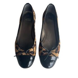 Stuart Weitzman Brown Black Leopard Flats Bow Accent Animal Print Cap Toe 8 1/2
